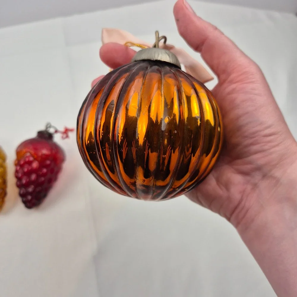 Vtg Glass Christmas‎ Ornament Lot 6pc Grapes Heart Ball + Lenox Holly 1990s